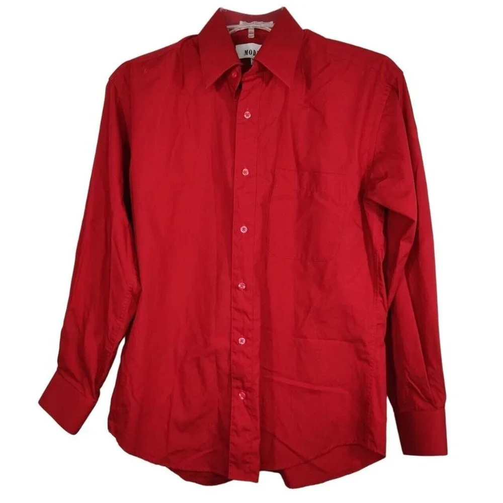 Modena Red Button Up Dress Shirt Men Size 15 32 33 Long Sleeve Pocket Business
